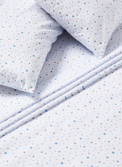 3-Piece Queen Size 180 Thread Count Premium Collection Star Printed Bedsheet Set Inclides 1xBedsheet, 2xPillow Cases 50x75 cm Cotton White 240x254cm