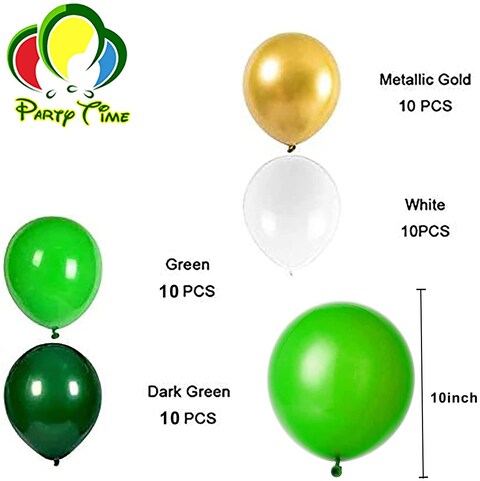 Party Time 40-Pieces Safari Theme Party Balloons Set of 10inches Green, White and Gold Latex Balloons &amp; Gold Balloon Ribbon Decoration For Safari Birthday Party Decoration - Party Supplies
