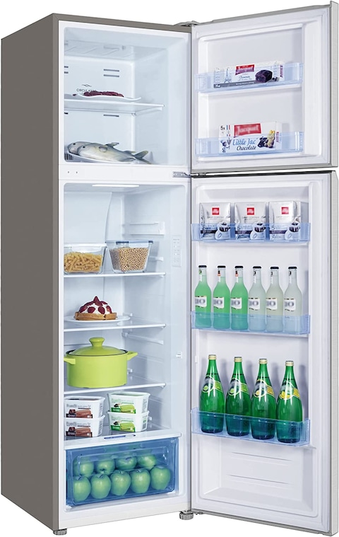 TCL 370 Liters Double Door Top Mount Refrigerator, Total No Frost Fridge &amp; Freezer With Powerful Interior LED Light And Large Crisper Drawer With Humidity Control, Inox, P370TMN