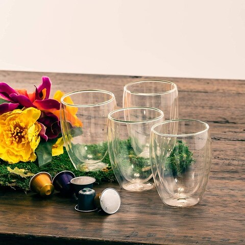 1CHASE Double Wall Insulated Coffee Tea Cups 350ml (12Oz) Set Of 6, Clear Coffee Mugs, Espresso, Cappuccino, Tea, Latte Cups, Cold/Hot Beverage