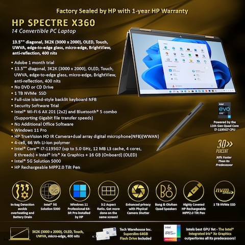 HP Spectre x360 Luxury 14T, 13.5&quot; 3:2 3K2K OLED UWVA Touch, Intel i7-1195G7, 16GB RAM, 1TB NVMe SSD, Intel 5G Sim Slot, B&amp;O Audio, Fingerprint, HP Tilt Pen, Win 11 Pro, 64GB TechWarehouse Flash Drive