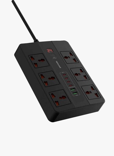 Porodo Multi-Port Super HUB 4 USB-C/ 2 USB-A Ultimate Home &amp; Office Kit 2M, 24W USB-A Quick Charge, 3000 Watts AC Output, Power Button &amp; Timer, 3m, Power Cord With Over-Heat Protection 36W PD - Black