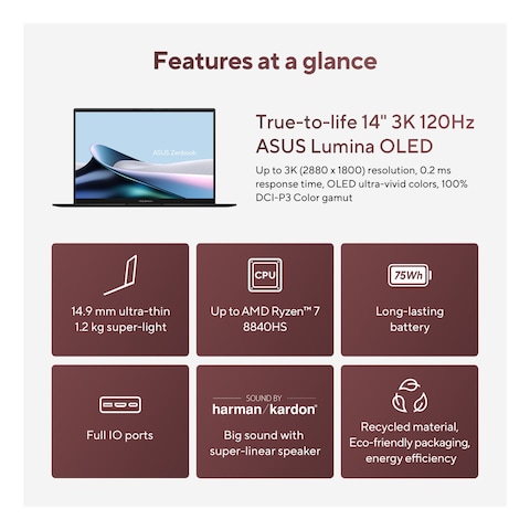 Asus Zenbook 14 OLED UM3406HA-OLEDR7W, AMD Ryzen 7 8840HS, 16GB RAM, 1TB SSD, 14-inch WUXGA OLED, Windows 11 Home, Jade Black, English/Arabic
