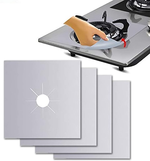 Doreen 4 pcs Gas Stove Burner Covers Non Stick Gas Range Protectors Reusable Aluminum Foil Cover Liner Mat Pad  Dishwasher Safe Silver(GC2224A)