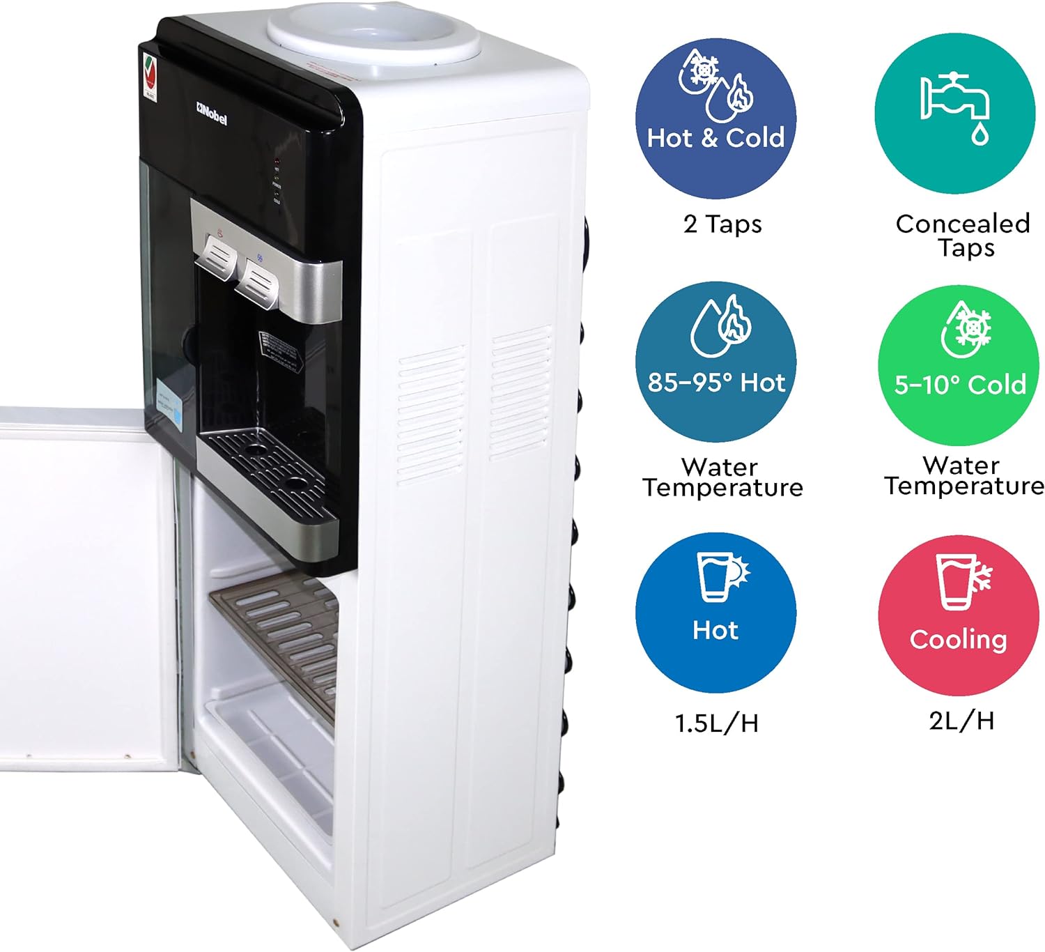 Nobel Hot &amp; Cool Two Tap Water Dispenser Free Standing With Refrigerator, Hot &amp; Cold Function With Cup Storage And Excess Water Tray, Hot &amp; Cold Switch Button NWD1606R White 1 Year Warranty