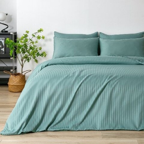 Luna Home Premium King Size 6 Pieces Bedding Set Without Filler, Solid Green Goddess Color, Satin Stripe Design