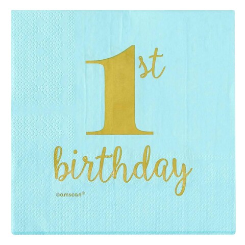 Amscan First Birthday Boy Beverage Napkin Blue And Gold 16 Pieces