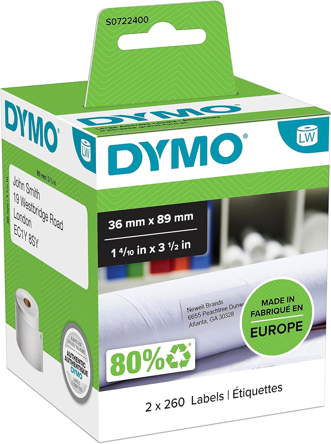 DYMO ADDRESS LABEL 89MMX36MM 2X260 LABELS, S0722400