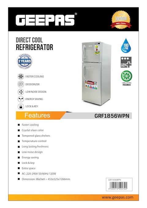 Geepas 180L Gross &amp; 132L Net Capacity Double Door Direct Cool Refrigerator GRF1856WPN, 1 Year Manufacturer Warranty