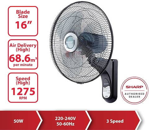 Sharp 16 Inches/40cms Blade 50 Watts Wall Mount Fan, Made In Malaysia, Pjw169 - Dark Grey