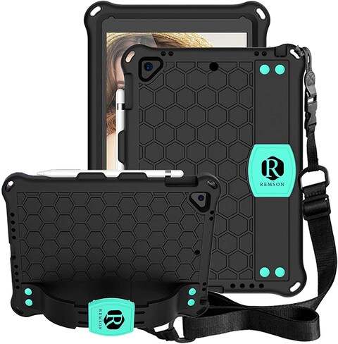 Remson Apple iPad 10.2 (2019-7th Generation / 2020-8th Generation) Honeycomb Stand Handle Shockproof Drop Protection With Shoulder Strap Back Case Cover (Black/Aqua)