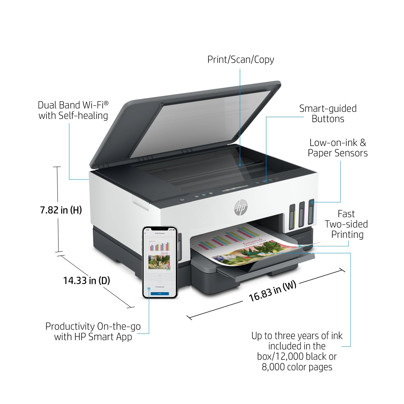 HP Smart Tank 720 Printer Wireless Print Scan Copy Auto Duplex Print up to 18000 black or 8000 color pages [6UU46A]