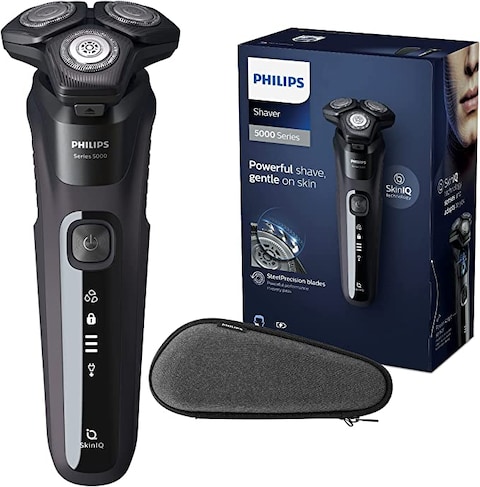 PHILIPS Shaver Series 5000 with Advanced SkinIQ, Wet &amp; Dry Men&#39;s Electric Shaver with Integrated Pop-up Trimmer, 60 mins Run Time - S5588/30, Deep Black