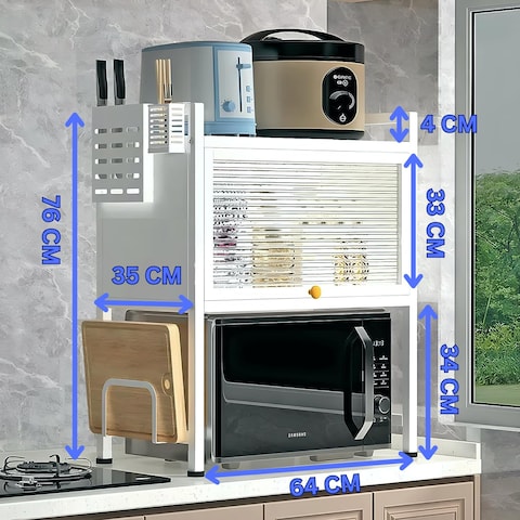 HEXAR&reg; Microwave Oven Rack Heavy Duty Stand Kitchen Counter Top Storage Organizer 3-Tier with Hooks and Utensils Holder Microwave Shelf Double Layer Dustproof Oven Rack &ndash; WHITE