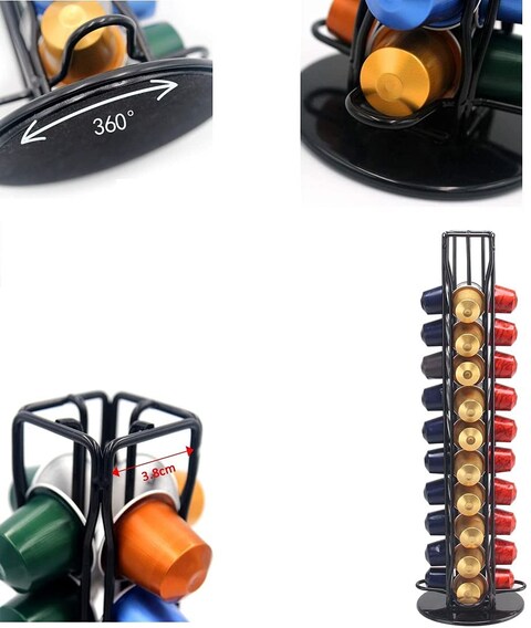 Lushh Stainless Steel Coffee Capsule Holder, 360 Degree Rotating Coffee Pod Holder Tower Rack Stand for 40 Nespresso Coffee Capsules, Black