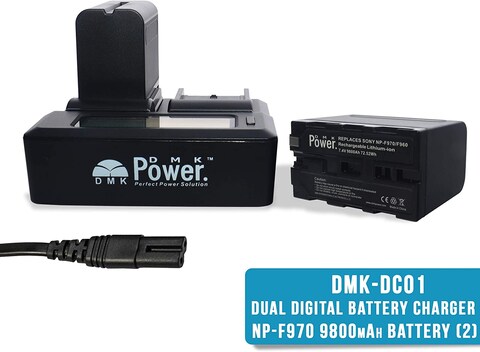 DMK Power 2 Pack NP-F970/NP-F960 Battery 9800mAh and DC-01 Digital Dual Battery Charger for LED Photo Video Lights and Monitor only (Not for Cameras &amp; Camcorder)