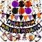 Fecedy Happy Birthday Banner Paper Triangle Flag Bunting Circle Confetti Dots Hanging Garland Honeycomb Ball Swirl Streamers For Halloween Theme Party Decoration