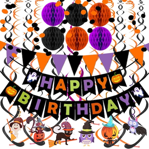 Fecedy Happy Birthday Banner Paper Triangle Flag Bunting Circle Confetti Dots Hanging Garland Honeycomb Ball Swirl Streamers For Halloween Theme Party Decoration