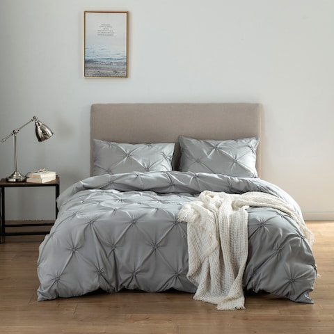 Luna Home Premium 6 Piece King Size Duvet Cover Pinch Rose Design, Solid Light Gray