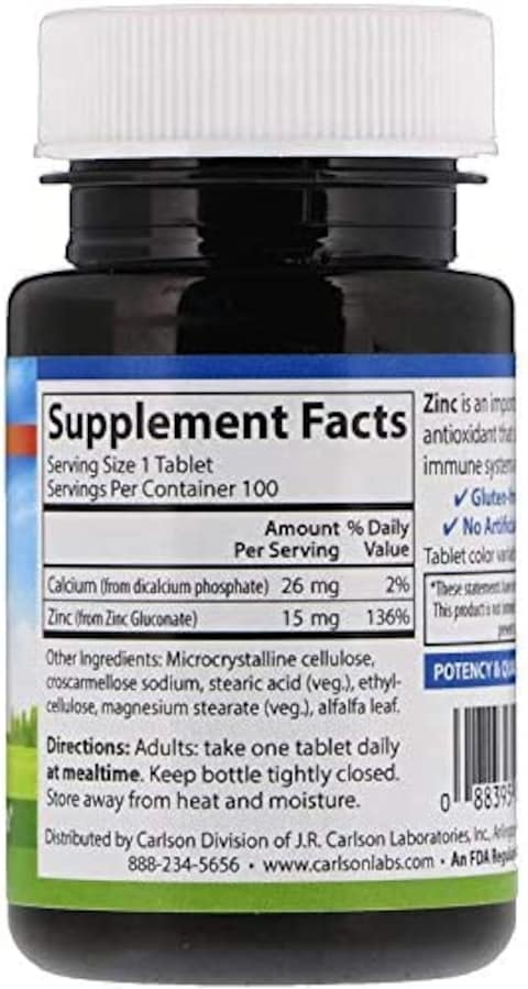 Carlson Labs, Zinc, 15 Mg, 100 Tablets
