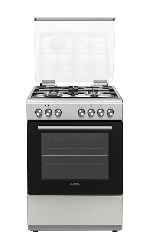 La Modano 60 cm Stainless Steel Gas and Electric Cooking Range with 4 Gas Burners, Double Glass Oven Door with Cooling Fan, Wok Burner, Cast Iron Supports, and 65L Large Cavity Volume- LMC601GG

