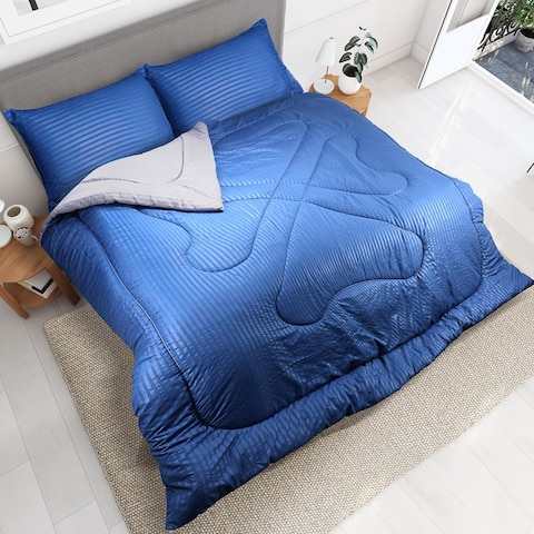 Hotel Linen Klub Reversible Down Alternative Comforter Set, Ultra Soft Brushed Stripe Microfiber Fabric, 200GSM Soft Fibersheet Filling, Size: Single 160 x 200cm, Royal Blue &amp; Lt. Grey