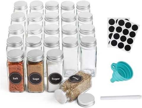 Set of 24 Spice Jars, 120 ml Glass Spice Jars, 48 Labels Stickers, Shaker Lids, Collapsible Funnel, 1 Pens, Seasoning Storage Bottles for Spice Rack, Cabinet, Drawer