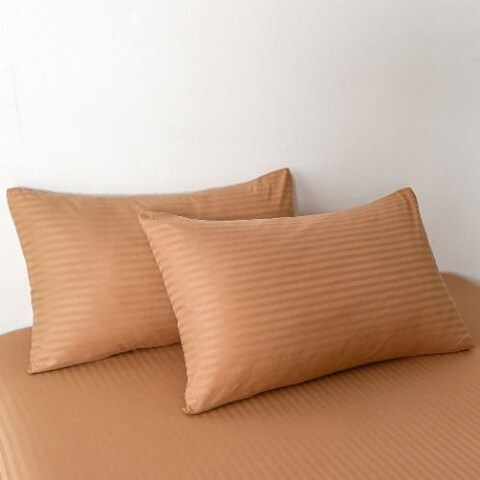 Luna Home Premium King Size 6 Pieces Bedding Set Without Filler, Solid Brown Tan Color, Satin Stripe Design