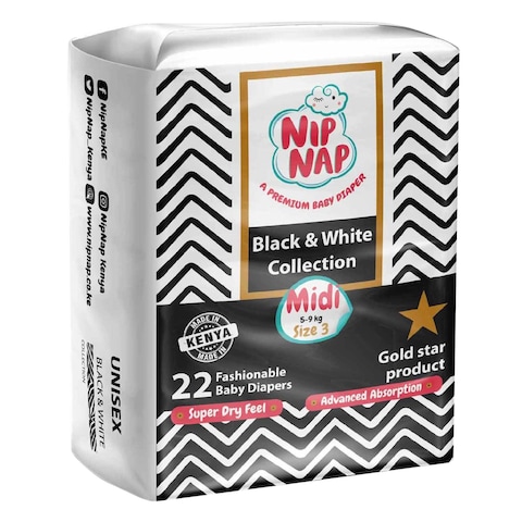 Nip Nap Black And White Collection Baby Diapers Midi Size 3 22 Count 5-9 kg