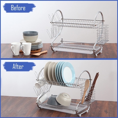 Aoguzhao 2 Tier Stainless Steel Dish Rack Metal Dish Drainer With Removable Drain Board And Utensil Holder Cup Holder Dish Drainer For Kitchen Counter Top