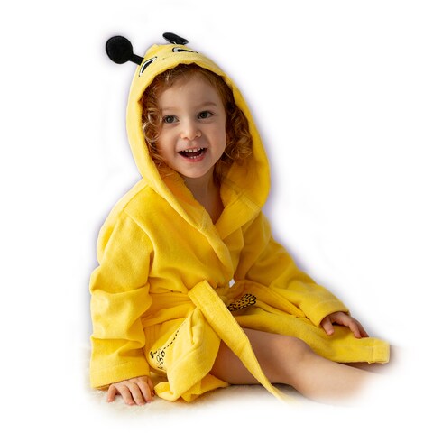 Milk&amp;Moo Buzzy Bee Toddler Robe, Kids Robe, 100% Cotton Kids Bathrobe, Ultra Soft and Absorbent Hooded Bathrobe for Girls and Boys, Yellow Color, Suitable for 2-4 Years