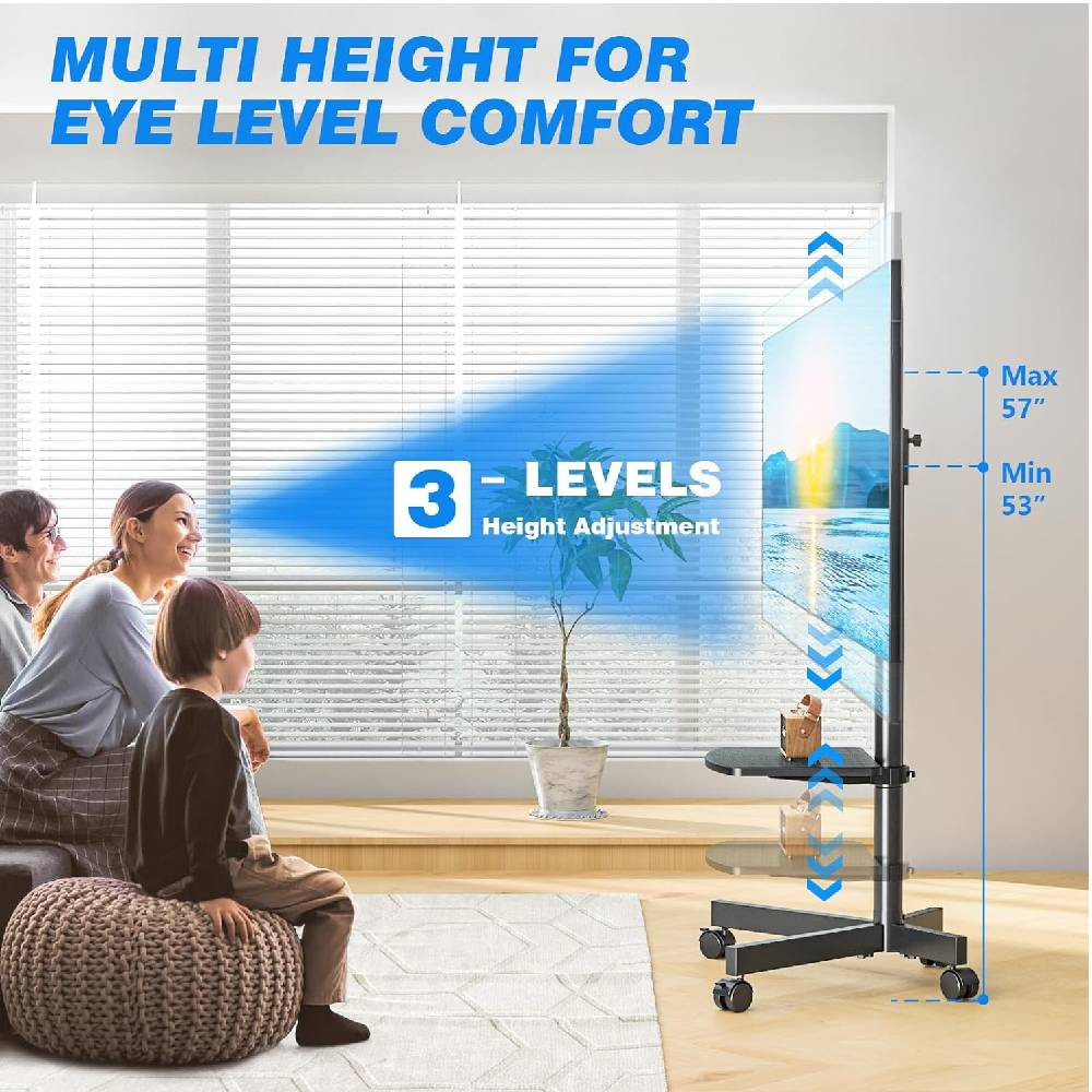 Mobile TV Carts on Wheels for 21-75 Inch Flat/Curved Panel Screens TVs - Height Adjustable Floor Trolley Stand with Shelf Holds up to 77lbs - Max VESA 400x400mm