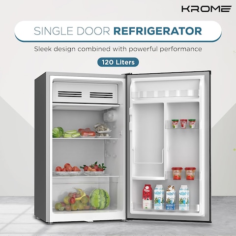 Krome 120L Single Door Refrigerator, Energy Class E/F, Ideal For Small Spaces, Reversible Door, Mini Fridge Suitable For Kitchen, Bedroom, Office &amp; Bar, Inox Silver, KR-RDC120H