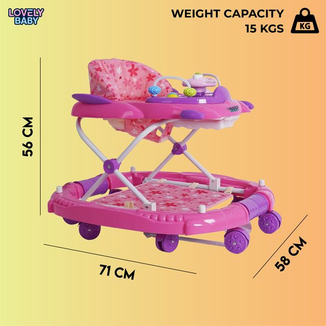 Lovely Baby Foldable Kids Walker BW04 with Adjustable Height, Musical Toys, Rotating Wheels, Comfortable &amp; Safe Activity Walker for Toddlers, Small Infant Boy Girl 6-18 months - Pink