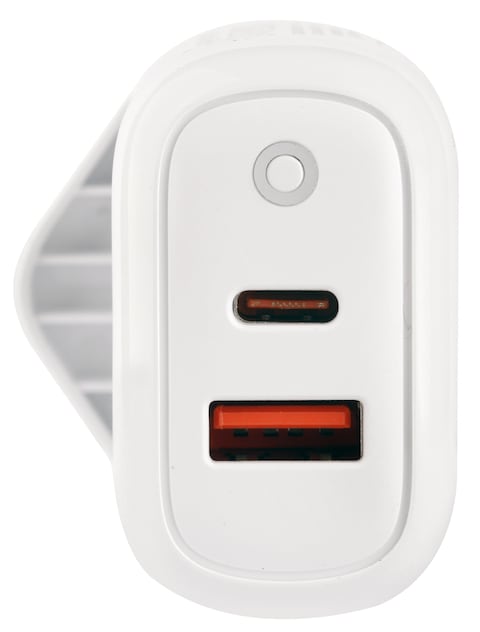 Terminator brand USB Wall Charger with 38W Fast Charging USB-A (QC3) &amp; USB-C (PD) with 13A Plug &amp; Blue Light Indicator-White