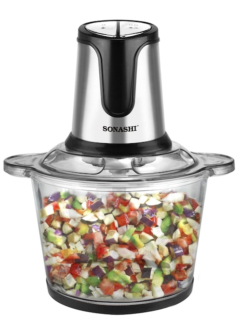 Sonashi Food Chopper With Mincer Grinder Function, Glass Bowl And Quad Blade With Egg Beater, Garlic Peeler &amp; Scraper Blade 3 L 500 W SMC-23G Black/Silver