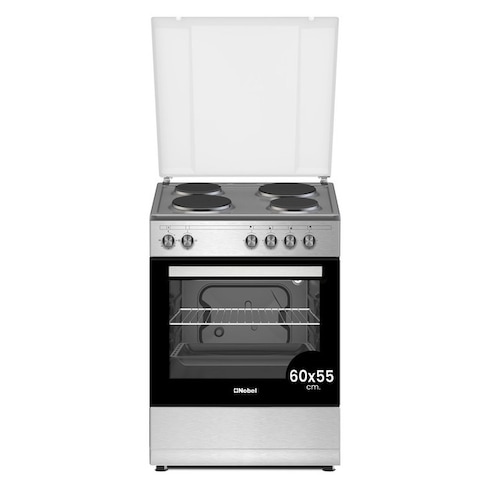 Nobel 60 x 60 Electric Cooker, 4 Hot Plate &amp; Electric Oven, 6 Knob Control, Auto Ignition, Stainless Steel Lid, Inner Light, 59.8 x 56.7 x 85.3 cm, Made In Turkey NGC6400 Inox