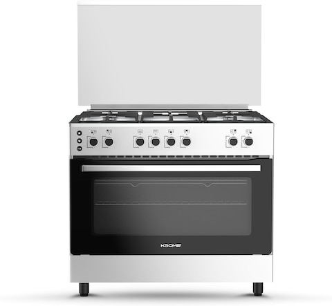 KROME 90x60cm Free Standing Cooker, Gas Oven, Full Gas Ignition With 5 Burners, Double Knob Control, Stainless Steel Cooking Range, Double Oven Lamps, Full Safety, Made in Turkey, Inox, KR-CR906O