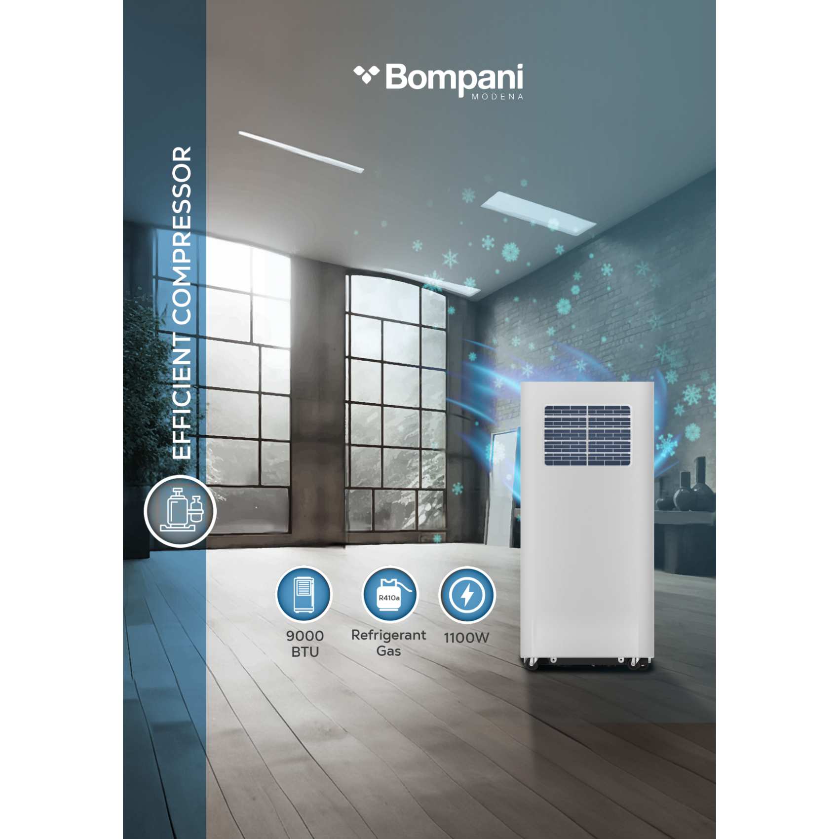 Bompani 9000 BTU Portable AC With Auto Swing, LED Display, Remote - BO900 White