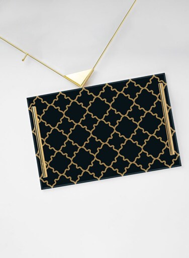 Lowha Decorative Acrylic Serving Tray With Gold Metal Handles And Ornament Design 20x30 cm