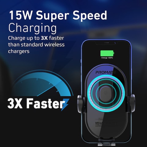 Promate Wireless Car Charger Mount, 15W Qi Fast Charging Auto-Clamping Dashboard Air Vent Phone Holder with Smart Coil Alignment, FOD Detection and Multi-Angle Support, PowerMount-15W