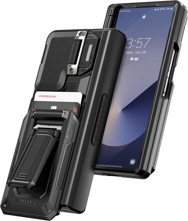 VRS Design D-Wallet Origin for Samsung Galaxy Z Fold 6 case cover wallet [Semi Automatic] slider Credit card holder Slot [2 cards] &amp; Camera lens Protector Kickstand - Black