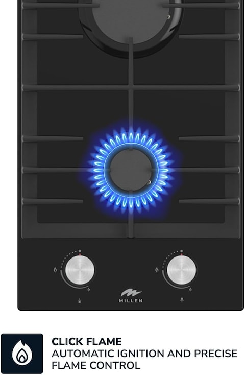 MILLEN MGHG 3001 BL 30 cm Built-in 2 Burners Gas Hob - Glass Finish, 3900 Watts, Mechanical and Electric Ignition Control, 3 Year Warranty