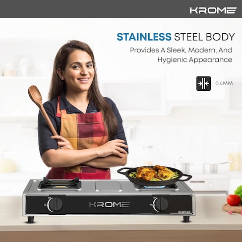 KROME Gas Stove 2 Burners, Auto Ignition, Double Brass Burners, LPG Gas Stove, Cast Iron Burner, Flame Failure Device, Enamel Square Pan Support, CE Approved, Stainless Steel Body - KR-GSFC2041