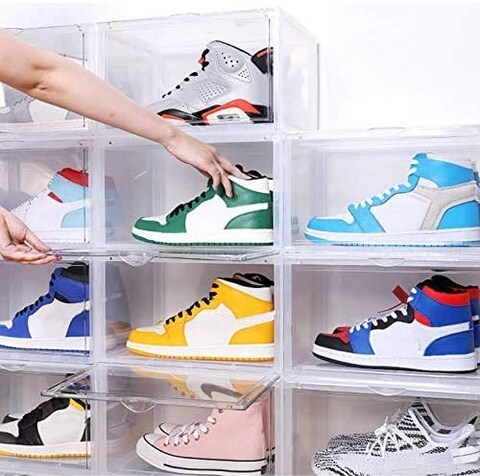 Lushh High quality Transparent Shoe Storage Organizer Box, Stackable, Foldable, Large Capacity Shoe Storage Box Stores Shoes Size up to UK 46, Side Open 6 Box  Set
