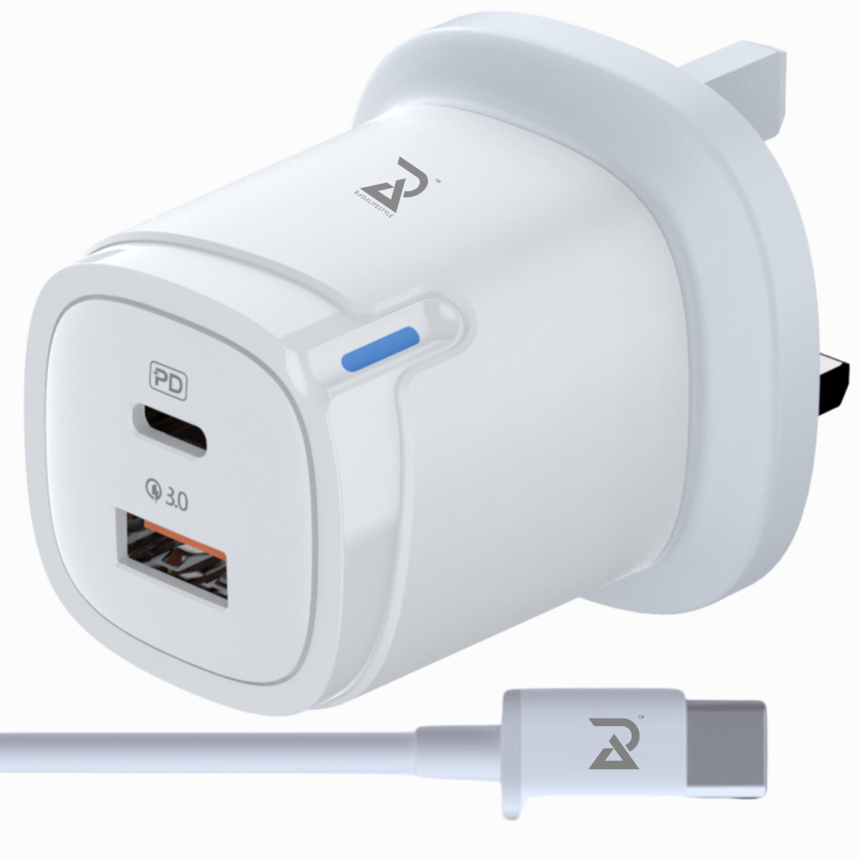 Radalifestyle QC 9 fast charger with quick-charge 20 watt &amp; type C cable included (white)