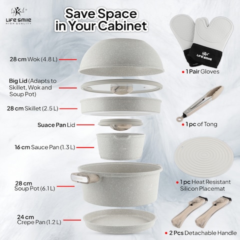 LIFE SMILE-Non-Stick Cookware Set &ndash; Ultimate 13-Piece Stackable Cooking Set &ndash; Induction Cookware Includes Soup Pot, Wok, Saucepan, Crepe Pan, Skillet, Tong &amp; Accessories &ndash; Space Saver &amp; Oven Safe