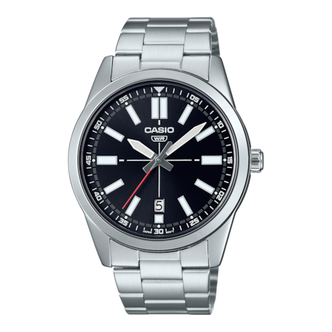 Men&#39;s Stainless Steel Analog Black Dial Wrist Watch MTP-VD02D-1E