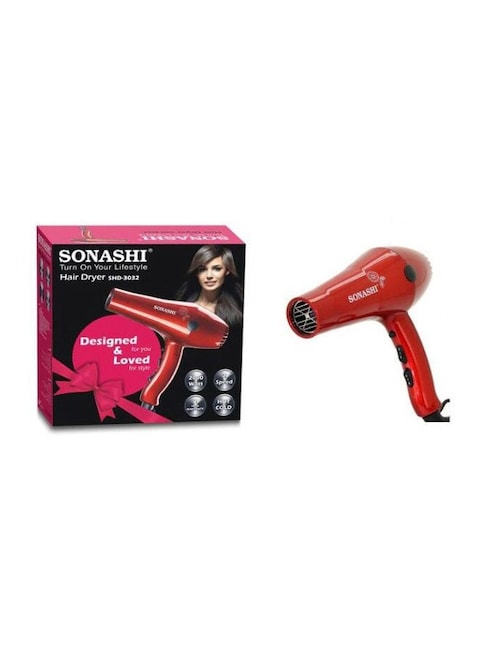 Sonashi 3-Piece Powerful 2000W Professional Hair Dryer With Nozzle Set SHD-3032 Black/Glossy Red