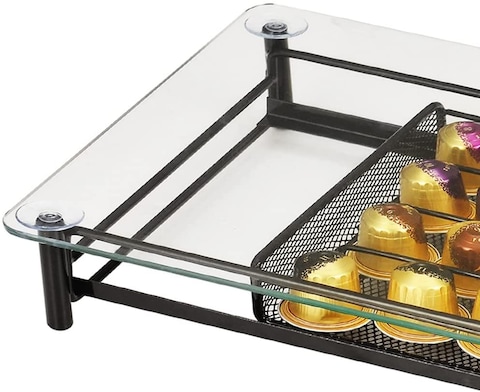 1CHASE&reg;️ Glass Top Coffee Capsule Holder With Drawer, 40 Pcs Nespresso Coffee Pods Holder, Home ,Kitchen, Office and Counter Organizer